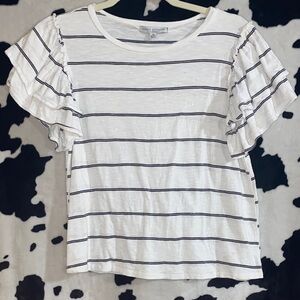 Gibson Latimer White and Black Striped Flutter Sleeve Top